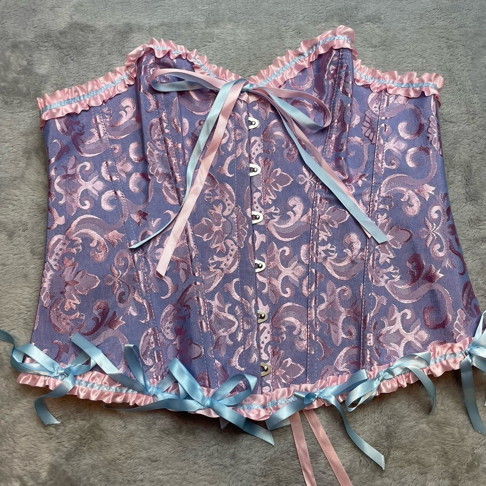 Womens Brocade Ruffle Corset Bustier Size XL Pink Purple Ren Faire Coquette